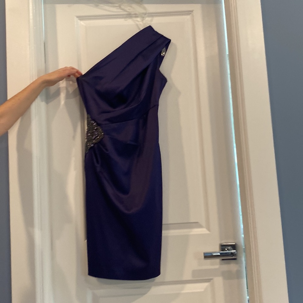 Eggplant purple one shoulder satin formal cocktail dress.